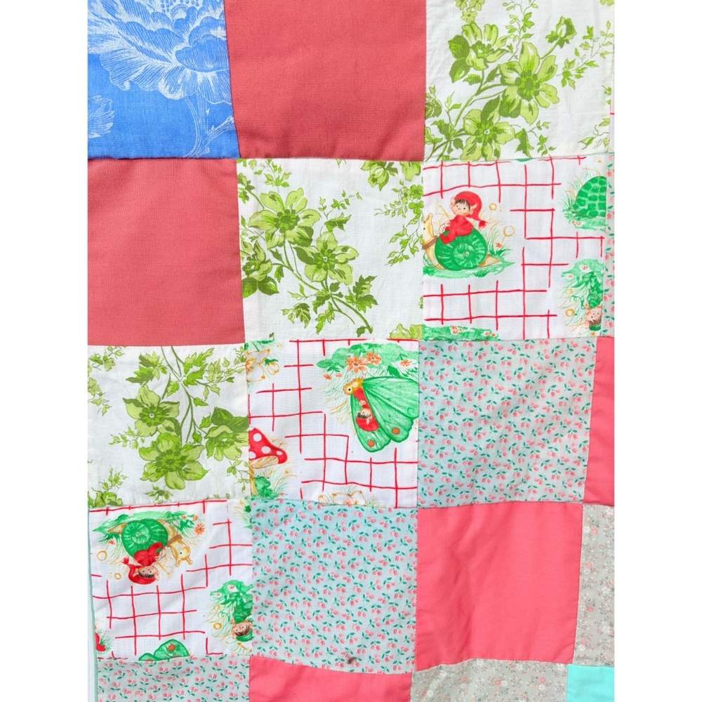 Vintage 70s Handmade Cotton Patchwork Strawberry Elf Quilt Single - Picture 2 of 5